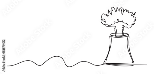 Modern continuous line drawing of an industrial cooling tower transitioning into a thriving tree, effectively conveying messages about renewable power sources and ecological sustainability