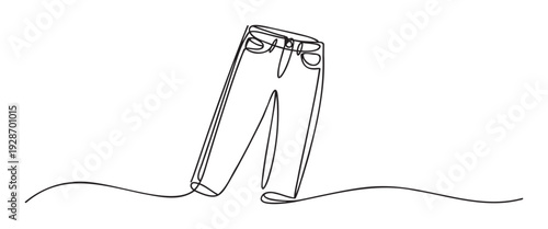 A continuous single line drawing of standing jeans creating a minimalist and modern apparel graphic suitable for fashion blogs or clothing store advertising materials.