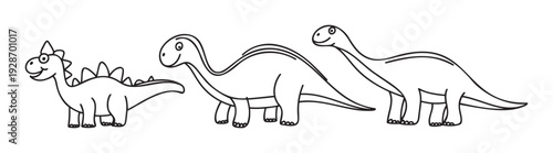 Fun loving dinosaur characters depicted in simple line drawing suitable for childrens educational materials kindergarten activities and cute animal themed crafts