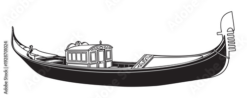Classic black and white watercraft silhouette featuring a distinctive passenger cabin, perfect for travel advertisements, historical presentations, or themed event invitations.