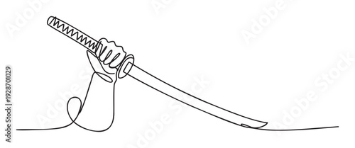 A minimalist continuous line drawing depicting a hand firmly gripping a traditional Japanese katana sword, perfect for martial arts branding or graphic design projects.