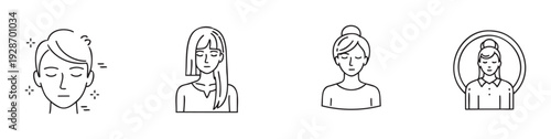 Modern minimalist line icons depicting womens busts with expressions of calm, contemplation, or sadness, useful for wellness programs, mental health resources, and selfcare applications.