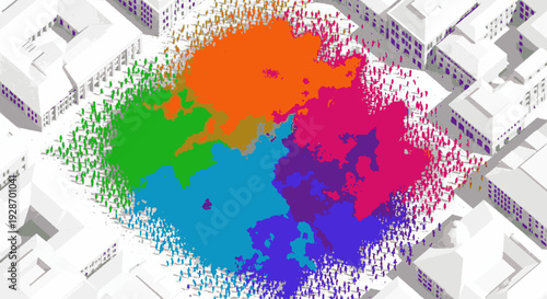 Diverse crowd forms colorful heart shape in city square with buildings