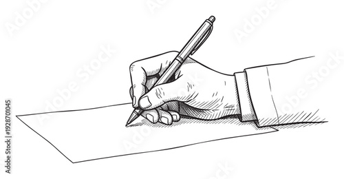 Professional hand holding a ballpoint pen poised to write or sign a document on a blank sheet of paper, perfect for business, education, or personal communication concepts.