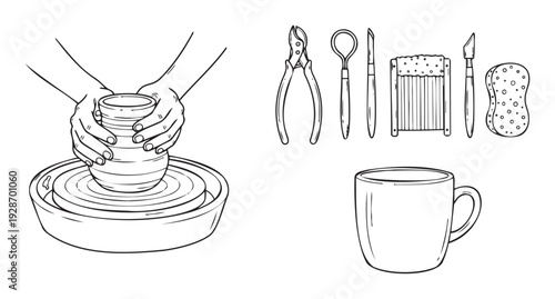 Engaging black and white drawing showcasing hands skillfully shaping clay on a potters wheel alongside various pottery tools and a finished mug, ideal for crafts, education, or DIY project