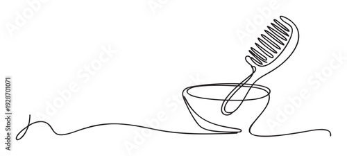 Minimalist continuous line drawing depicting a hair comb inside a bowl, perfect for beauty salon branding, hair care product packaging, or modern wellness promotion.