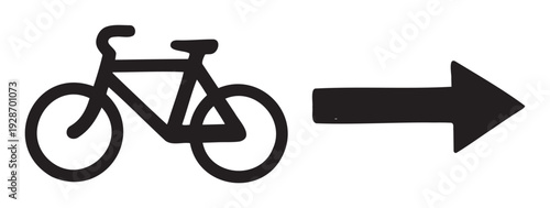 Simple graphic showing a bicycle with a right pointing arrow signifying bicycle route guidance and sustainable mobility solutions for city planning applications