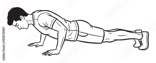 Young man in athletic sportswear performing a pushup exercise, demonstrating physical strength and fitness for health and wellness related content