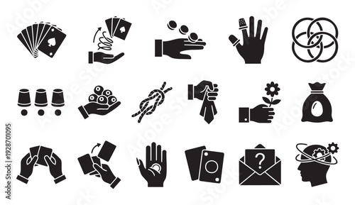 Set of various magic tricks and illusion performance symbols illustrating entertainment, mystery, and skillful deception for engaging marketing materials and educational resources