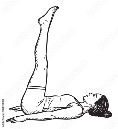 Young woman performing supine leg raise exercise to strengthen core muscles and abdominal area for health and fitness publications, gym promotions, and workout guides
