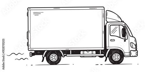 Black and white line drawing of a delivery truck for logistics and transportation companies offering express shipping and urban delivery services to customers.