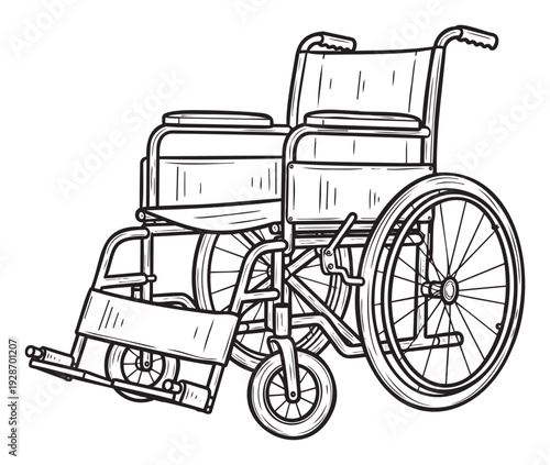 Detailed outline drawing of a manual wheelchair for mobility assistance and medical equipment displays or educational healthcare resources