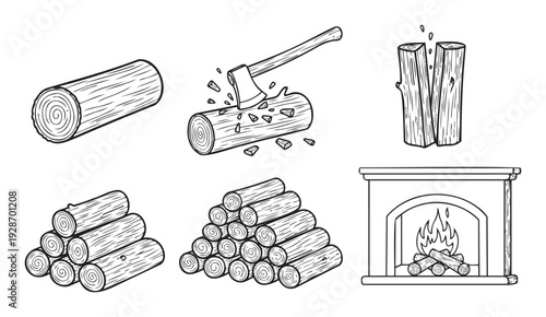 Black and white vector line art illustrating the firewood preparation process, from logs being chopped and stacked, to a warm, burning fireplace, suitable for winter heating and rustic home