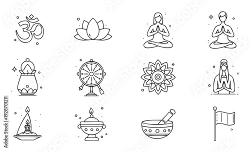 A comprehensive collection of spiritual and meditative line icons representing Hinduism and Buddhism for wellness, yoga, peace, and mindfulness themed branding and educational resources