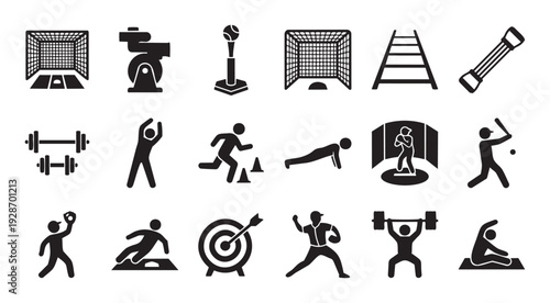 Comprehensive collection of sports and fitness icons covering various athletic activities and training equipment perfect for gym apps, workout programs, or game development