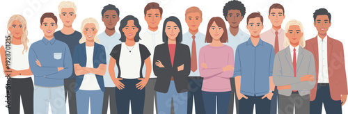 ector illustration of diverse group of fifteen individuals in professional and casual attire symbolizing workplace diversity, collaboration, inclusivity, and community unity