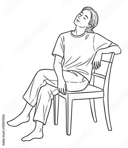 Peaceful person resting comfortably on a simple wooden chair, suitable for themes of relaxation, selfcare, and mental wellness