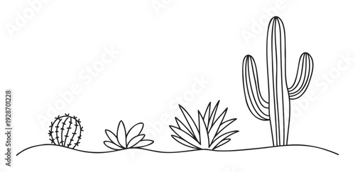 Simple black outline depiction of a desert landscape featuring various cacti and succulent plants on a curved ground, ideal for educational resources and naturethemed publications.