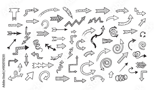 A comprehensive collection of hand drawn doodle arrows featuring various styles and directions, perfect for graphic designers, web developers, and visual communicators seeking engaging