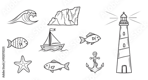 Collection of simple marine nautical elements including a majestic wave, rugged cliffs, guiding lighthouse, diverse fish, charming sailboat, unique starfish, and sturdy anchor for ocean