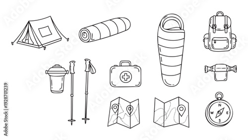 Essential camping and hiking gear collection featuring a tent, backpack, sleeping bag, first aid kit, and navigational tools, ideal for wilderness adventure themed projects.