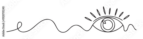 Abstract flowing line culminating in a stylized eye symbol with radiating rays, perfect for modern spiritual branding, mindfulness publications, or holistic wellness materials.