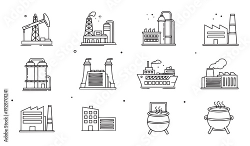 Collection of minimalist line icons representing various industrial facilities, energy production, cargo shipping, and manufacturing processes, suitable for modern technological business