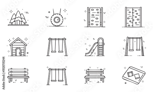 Collection of outline icons featuring various park and playground equipment including swings slides benches climbing walls and a dog house suitable for leisure graphics