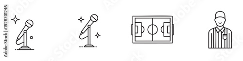 Line icons bundle showcasing a sparkling microphone for musical performance, a soccer pitch layout, and a sporting event referee, ideal for user interfaces or digital presentations.