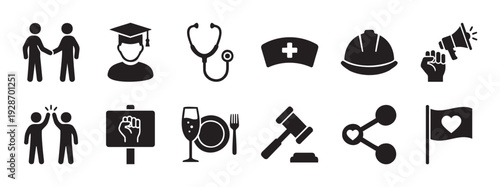 A comprehensive set of modern glyph icons depicting diverse professions, social interactions, celebrations, and fundamental concepts, ideal for web graphics, applications, and informative