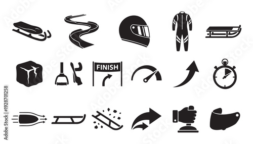 Curated set of bobsled, luge, and skeleton winter sport icons, featuring racing sleds, tracks, helmets, speedometers, stopwatches, and finish lines for sports event guides and infographic