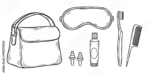 Travel essentials collection featuring a compact purse, sleep mask, earplugs, toothbrush, toothpaste tube, and comb, useful for vacation planning and personal care product advertising.