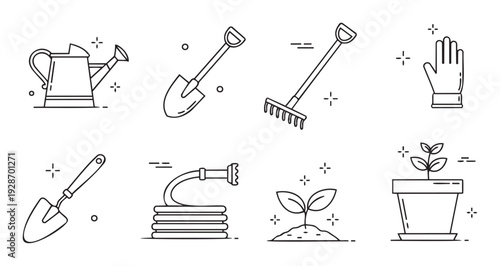 A set of outline style gardening tools and essential garden equipment including watering can, shovel, rake, glove, hose, and plants, ideal for farming project graphics and educational