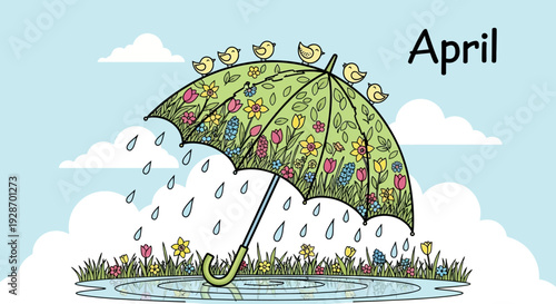 Floral Umbrella in Rainy Weather Scene.