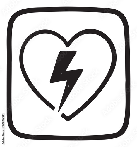 Black doodle line art icon of an automated external defibrillator or AED symbol featuring a heart with a lightning bolt for medical emergency, first aid, or health care concepts