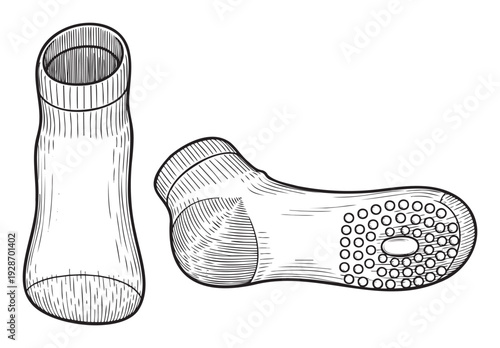 Black and white line drawing of two comfortable athletic socks featuring a textured sole, ideal for sports product packaging, apparel catalog pages, or fitness studio promotional materials.