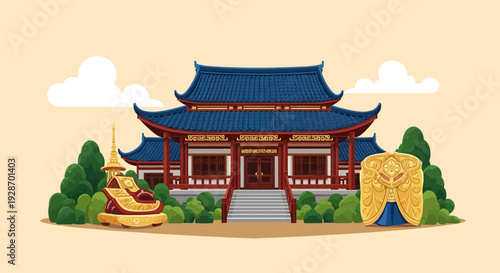 Traditional Chinese Temple Building Illustration.