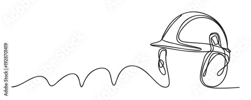 A minimalist continuous single line drawing of a protective hard hat with earmuffs, symbolizing industrial safety and construction for various engineering and occupational health