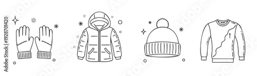 Simple outline drawing of essential winter clothing items including warm knitted gloves, a hooded jacket, a cozy beanie hat, and a comfortable sweater, perfect for cold season themes.