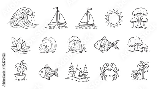 Discover a collection of simple handdrawn nature and ocean themed outlines featuring waves, sailboats, sun, diverse trees, fish, leaves, and a crab, perfect for childrens learning materials