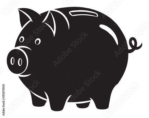 A simple stylized black piggy bank symbolizing saving money and financial investment, perfect for business graphics, educational resources, and personal finance projects.