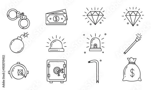 A practical collection of crime and heist themed outline icons featuring handcuffs, dollar money, diamonds, bombs, safes, and security sirens, useful for game development and graphic design