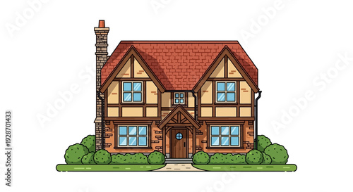 Traditional English Tudor Style House Illustration.