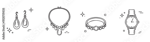 Elegant outline jewelry and luxury accessory collection for sophisticated fashion content, stylish gift guides, or personal styling blogs