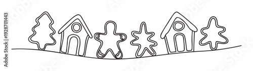 Delightful gingerbread village outline with sweet houses, evergreen trees, and various festive figures for winter holiday decorating, gift wrap, children activity pages, or seasonal product