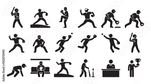 Black silhouette stick figures depicting various baseball players performing actions like batting, pitching, catching, and fielding, useful for sports graphics and informational designs.