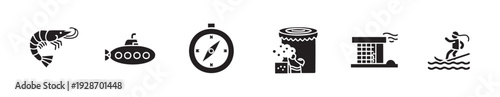 Versatile black and white glyph icons including a shrimp, submarine, compass, industrial process, cooling unit, and water skier for modern commercial graphic design and informational