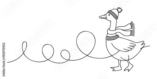 Charming goose wearing a cozy knitted hat and striped scarf, drawn with a minimalist continuous line forming playful loops, perfect for seasonal greetings and kidfriendly projects.