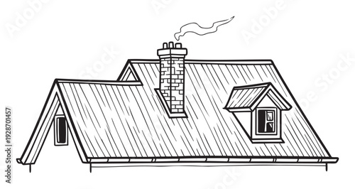 Detailed outline drawing of a classic residential building roof featuring a brick chimney with smoke and multiple dormer windows suitable for construction and home improvement projects