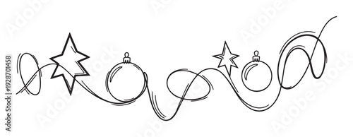 Minimalist continuous line drawing of festive Christmas decorations including stars and baubles forming an elegant holiday border or divider for seasonal greetings and events.